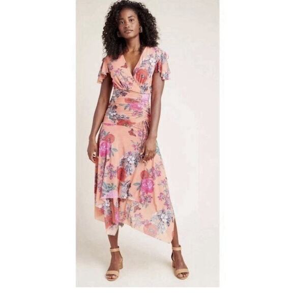 NWOT Anthropologie Maeve Simone Mesh Floral Ruched Midi Dress Orange Medium - Picture 1 of 16